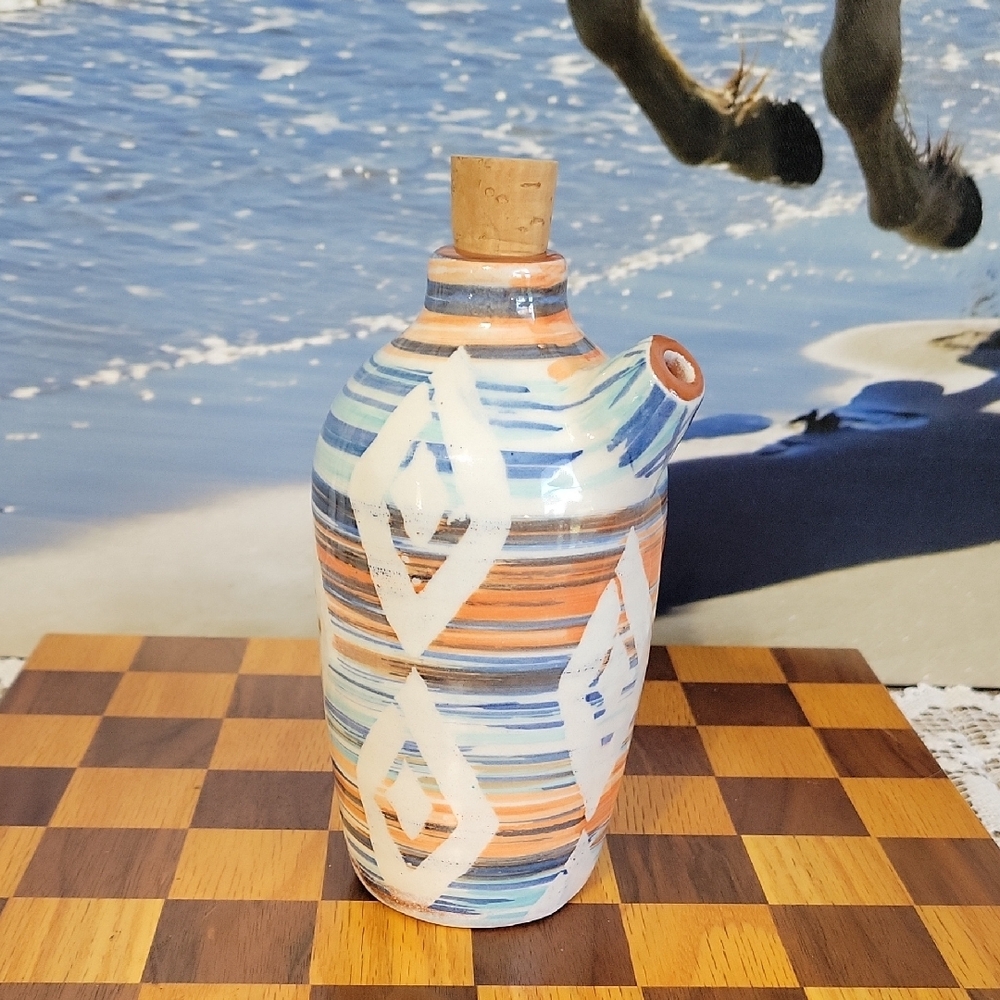 Handcrafted Terracotta Cruet Oil Dispenser with Cork Lid - Multicolor